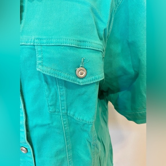 DG2 By Diane Gilman Jean Jacket Short Sleeve Aqua Green Top Plus Size 2X - Picture 2 of 8